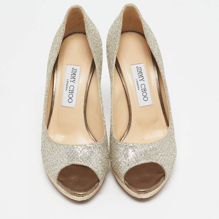Pre Owned Jimmy Choo Silver Glitter Dahlia Peep Toe Pumps Size 38