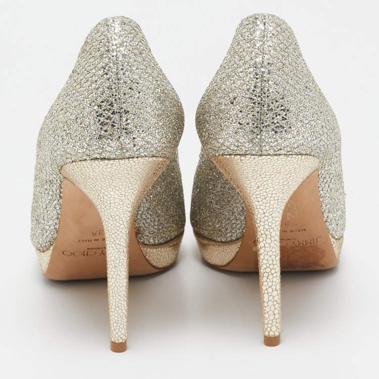 Pre Owned Jimmy Choo Silver Glitter Dahlia Peep Toe Pumps Size 38
