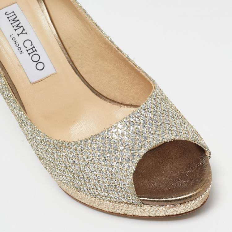 Pre Owned Jimmy Choo Silver Glitter Dahlia Peep Toe Pumps Size 38