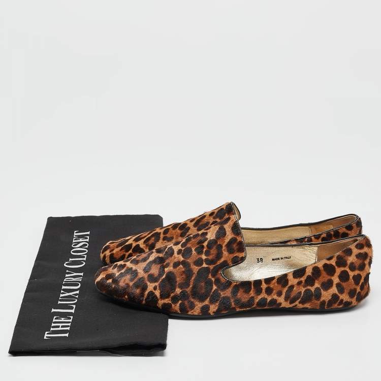 Pre Owned Jimmy Choo Brown Leopard Calf Hair Wheel Smoking Slippers Size 38