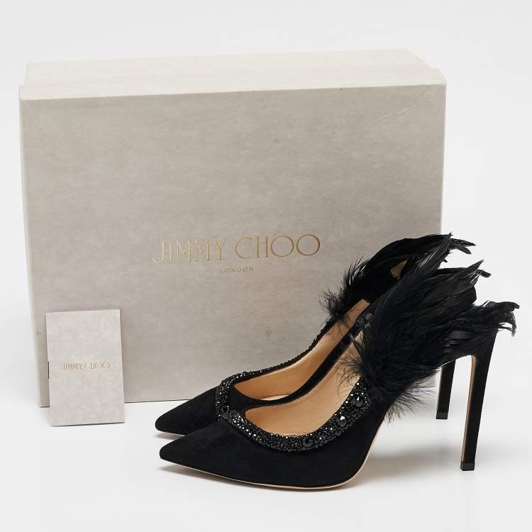 Pre Owned Jimmy Choo Black Suede and Feather Tacey Slingback Pumps Size 38.5