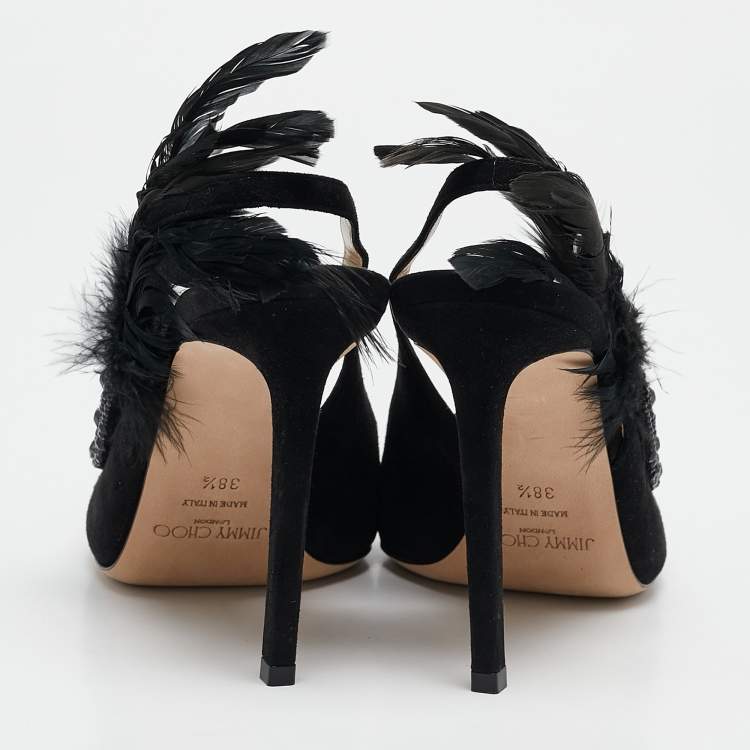 Pre Owned Jimmy Choo Black Suede and Feather Tacey Slingback Pumps Size 38.5