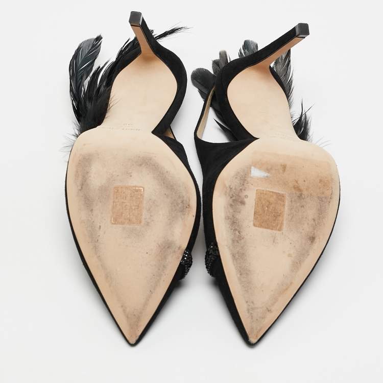 Pre Owned Jimmy Choo Black Suede and Feather Tacey Slingback Pumps Size 38.5