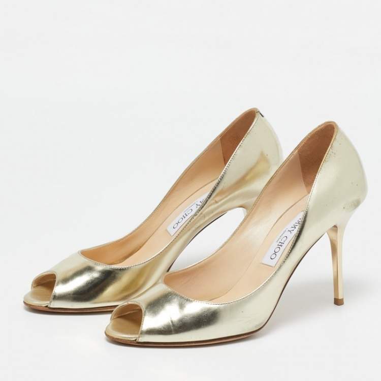 Pre Owned Jimmy Choo Gold Leather Evelyn Peep Toe Pumps Size 38.5