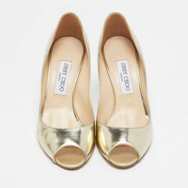 Pre Owned Jimmy Choo Gold Leather Evelyn Peep Toe Pumps Size 38.5