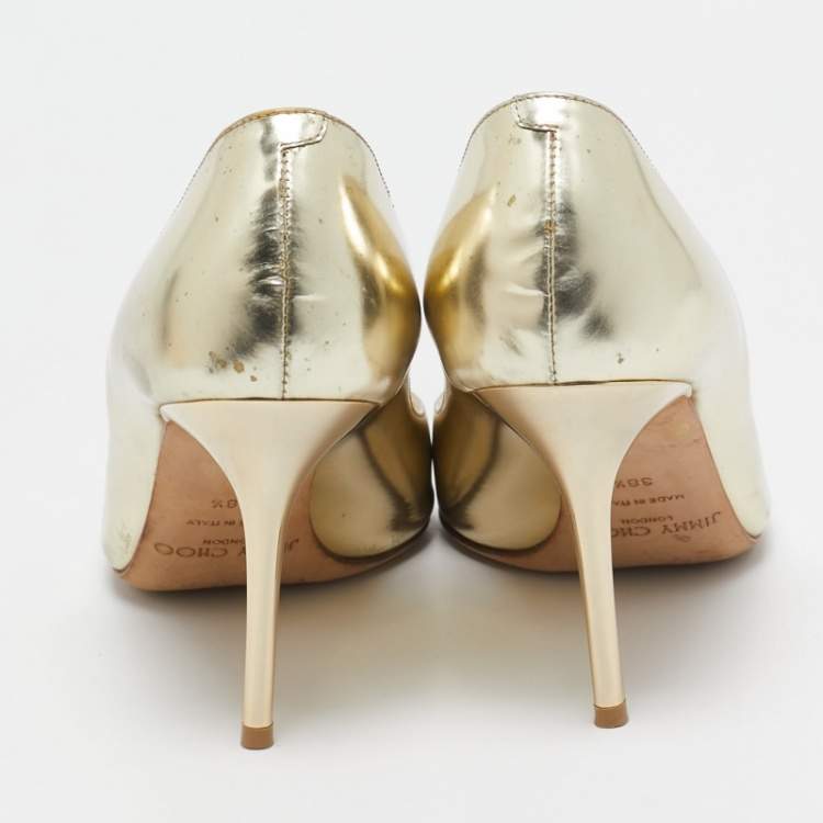 Pre Owned Jimmy Choo Gold Leather Evelyn Peep Toe Pumps Size 38.5
