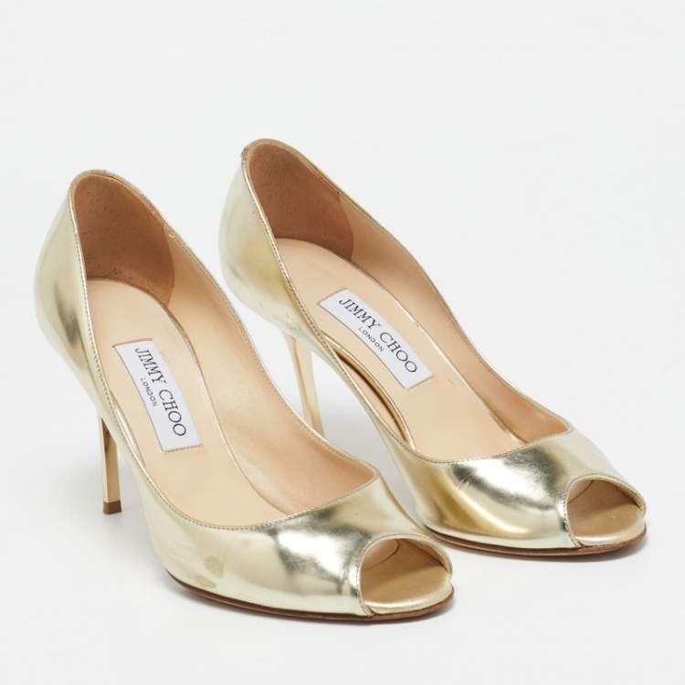 Pre Owned Jimmy Choo Gold Leather Evelyn Peep Toe Pumps Size 38.5