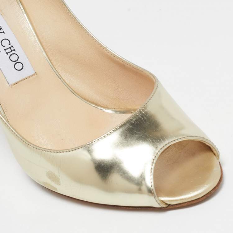 Pre Owned Jimmy Choo Gold Leather Evelyn Peep Toe Pumps Size 38.5