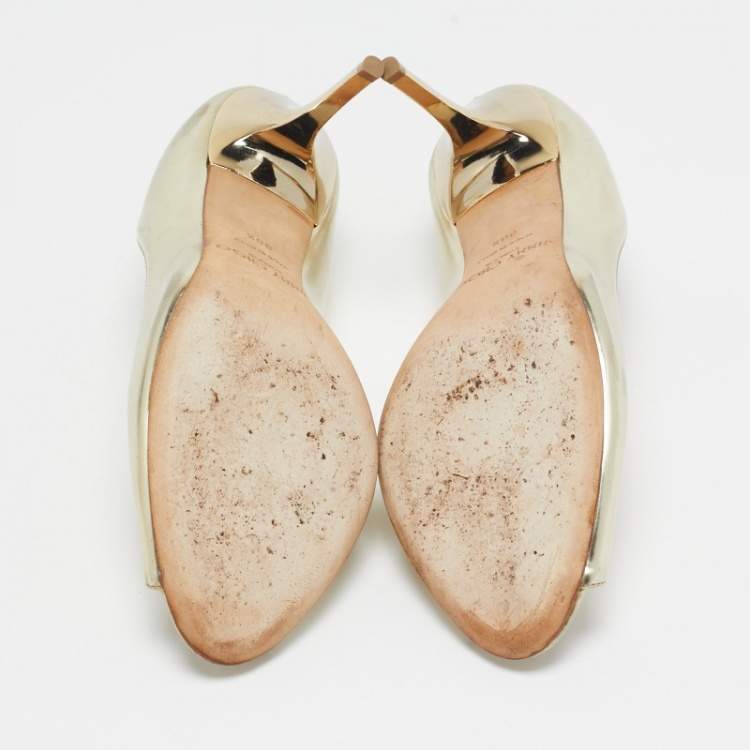 Pre Owned Jimmy Choo Gold Leather Evelyn Peep Toe Pumps Size 38.5