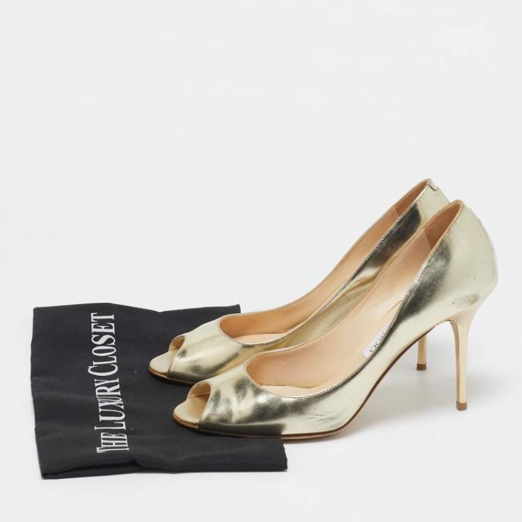 Pre Owned Jimmy Choo Gold Leather Evelyn Peep Toe Pumps Size 38.5