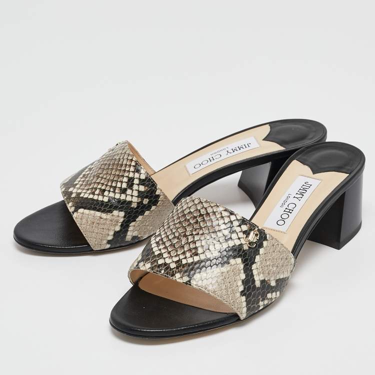 Pre Owned Jimmy Choo Beige Snakeskin Embossed Leather Minea Slide Sandals Size 38