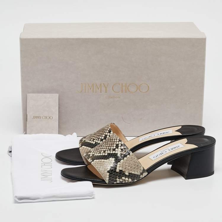 Pre Owned Jimmy Choo Beige Snakeskin Embossed Leather Minea Slide Sandals Size 38