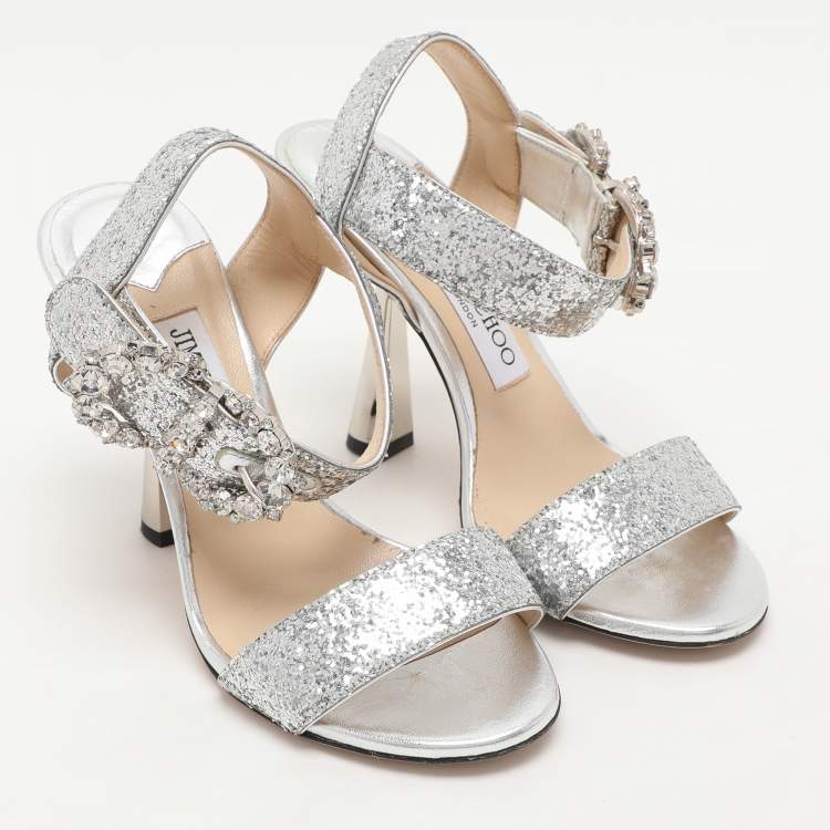 Pre Owned Jimmy Choo Silver Glitter Ankle Strap Sandals Size 35