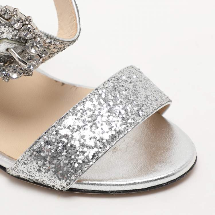 Pre Owned Jimmy Choo Silver Glitter Ankle Strap Sandals Size 35