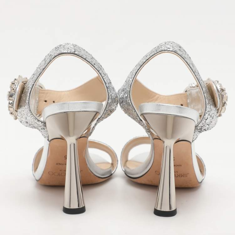 Pre Owned Jimmy Choo Silver Glitter Ankle Strap Sandals Size 35