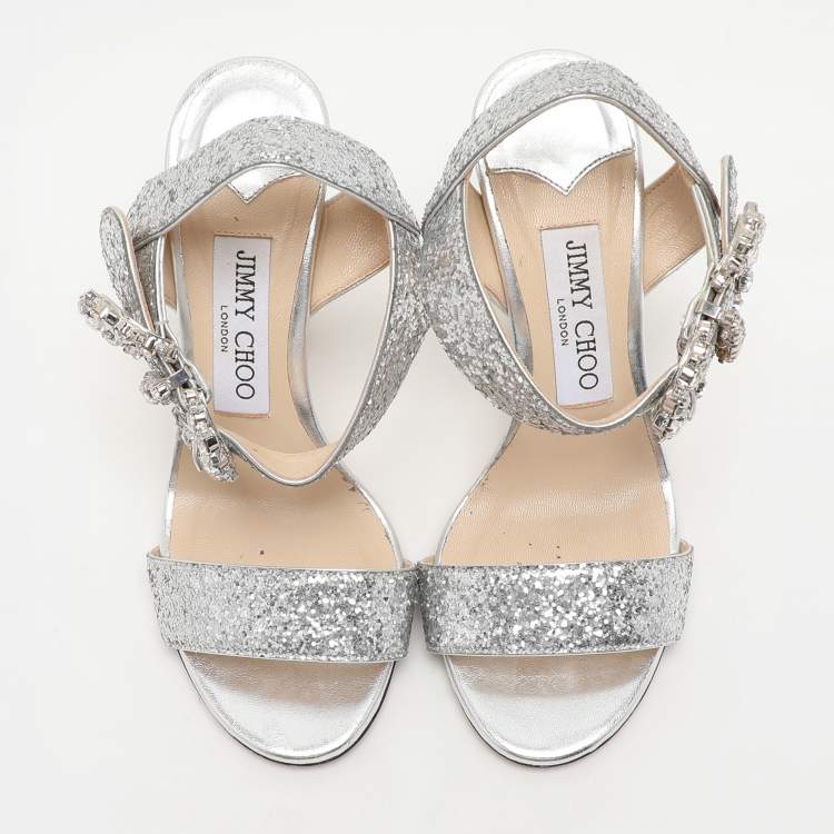 Pre Owned Jimmy Choo Silver Glitter Ankle Strap Sandals Size 35