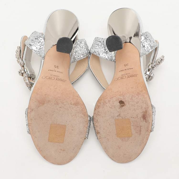 Pre Owned Jimmy Choo Silver Glitter Ankle Strap Sandals Size 35