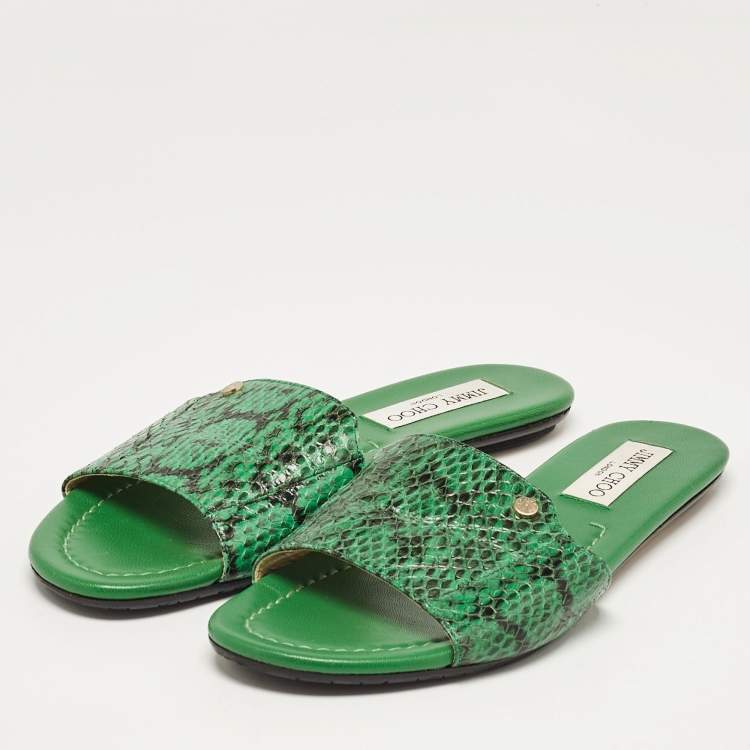 Pre Owned Jimmy Choo Green Python Leather Nanda Flat Sandals Size 38