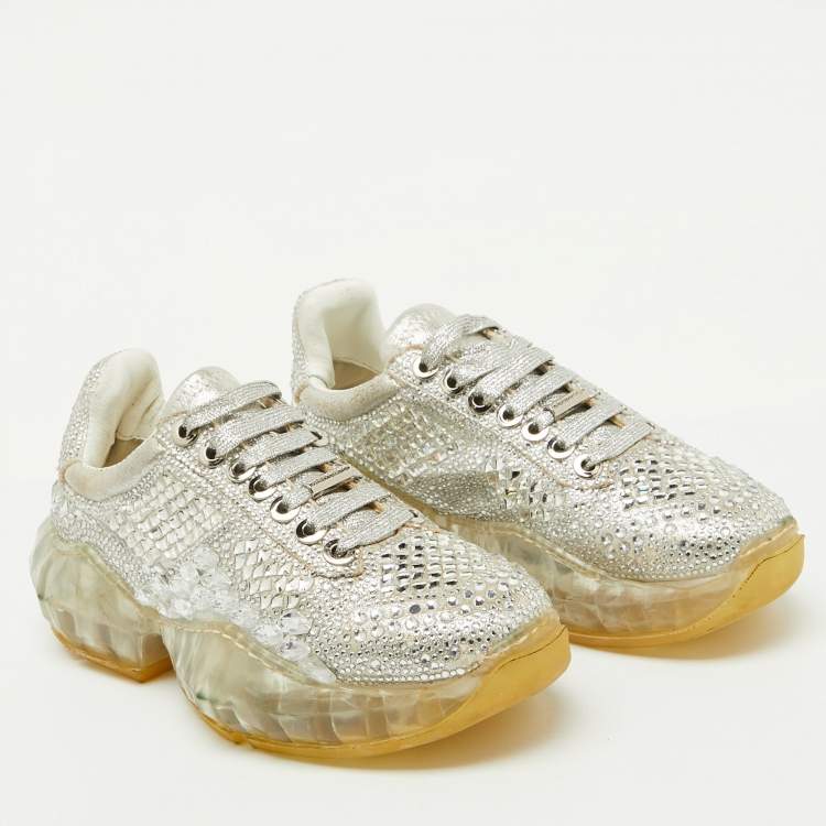 Pre Owned Jimmy Choo Metallic Suede Diamond Crystal Embellished Low Top Sneakers Size 37