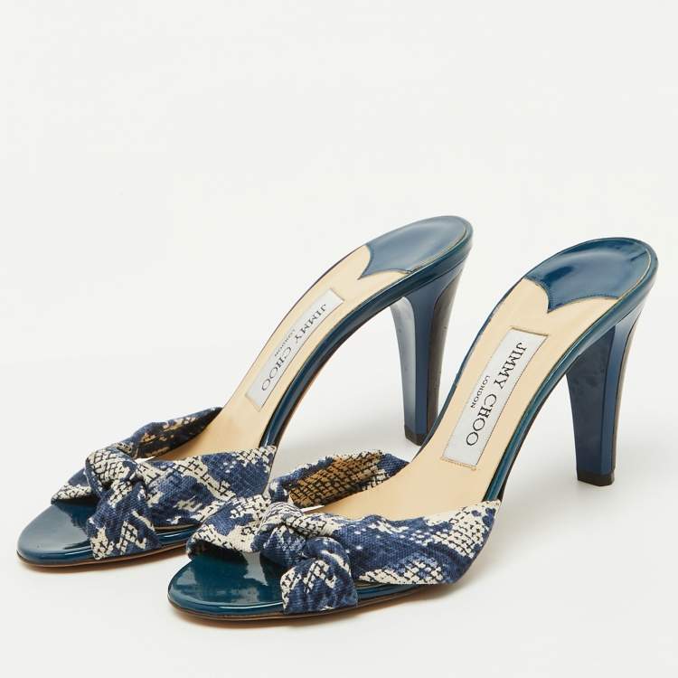 Pre Owned Jimmy Choo Blue/White Printed Canvas Knotted Slide Sandals Size 36.5