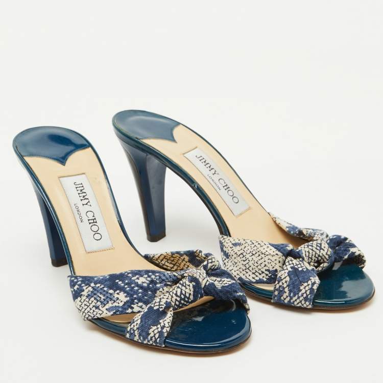 Pre Owned Jimmy Choo Blue/White Printed Canvas Knotted Slide Sandals Size 36.5