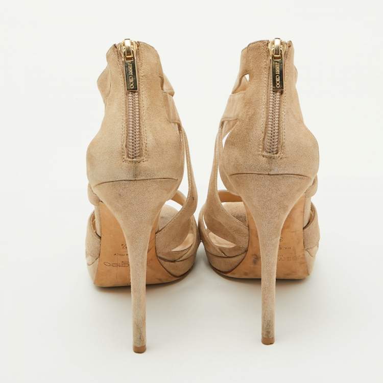 Pre Owned Jimmy Choo Metallic Suede Cutout Collar Peep Toe Sandals Size 39.5