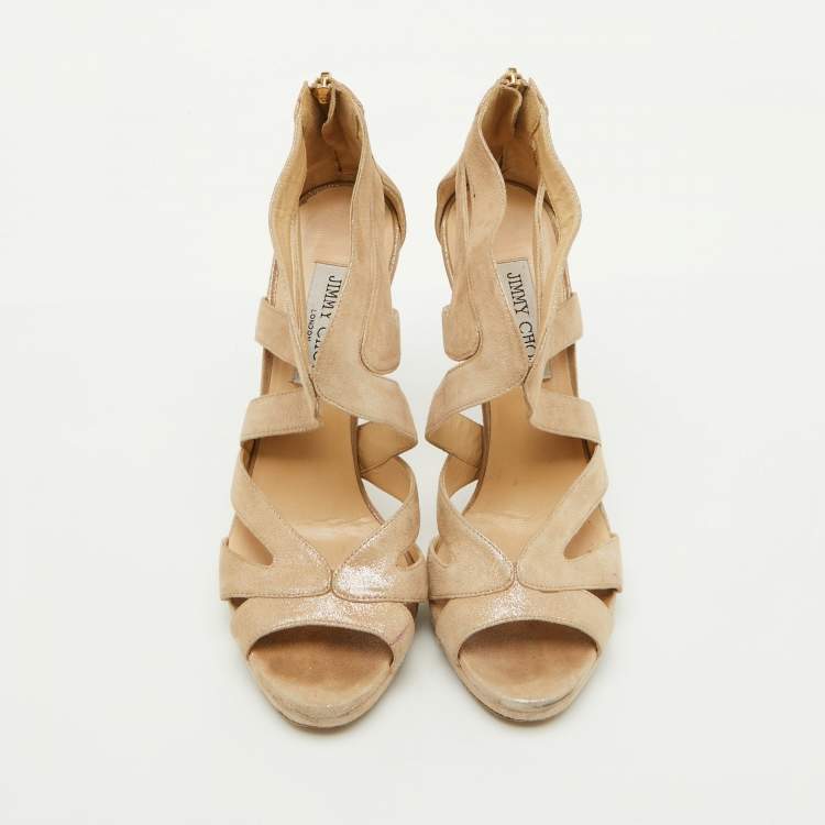 Pre Owned Jimmy Choo Metallic Suede Cutout Collar Peep Toe Sandals Size 39.5