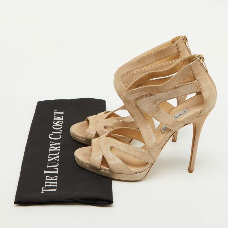 Pre Owned Jimmy Choo Metallic Suede Cutout Collar Peep Toe Sandals Size 39.5