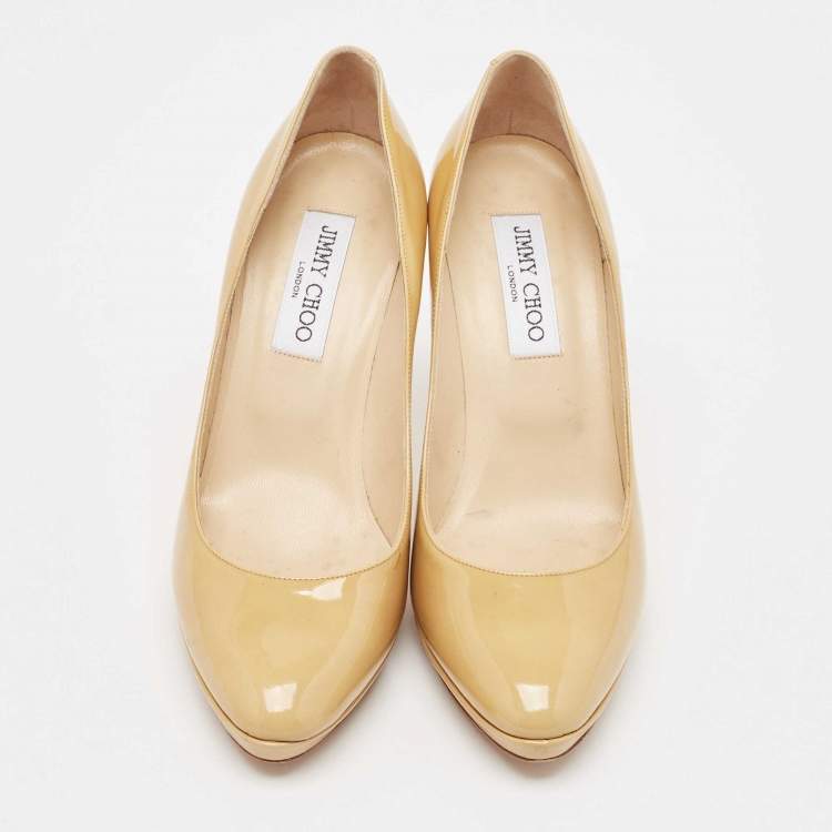 Pre Owned Jimmy Choo Beige Patent Leather Platform Pumps Size 38.5