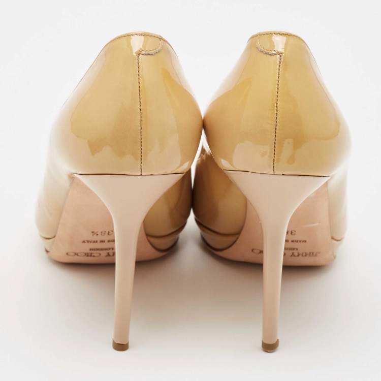 Pre Owned Jimmy Choo Beige Patent Leather Platform Pumps Size 38.5