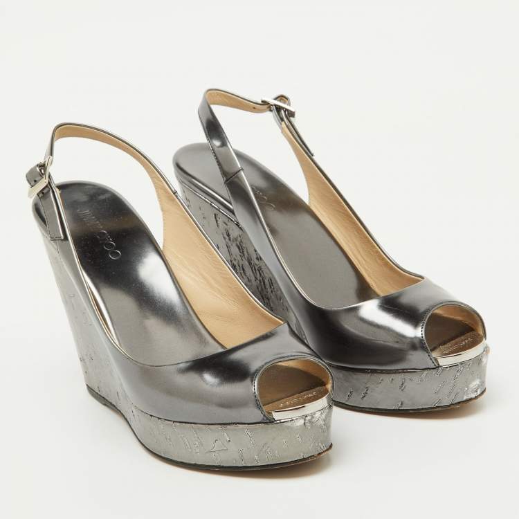Pre Owned Jimmy Choo Metallic Grey Leather Cork Platform Wedge Slingback Sandals Size 37.5
