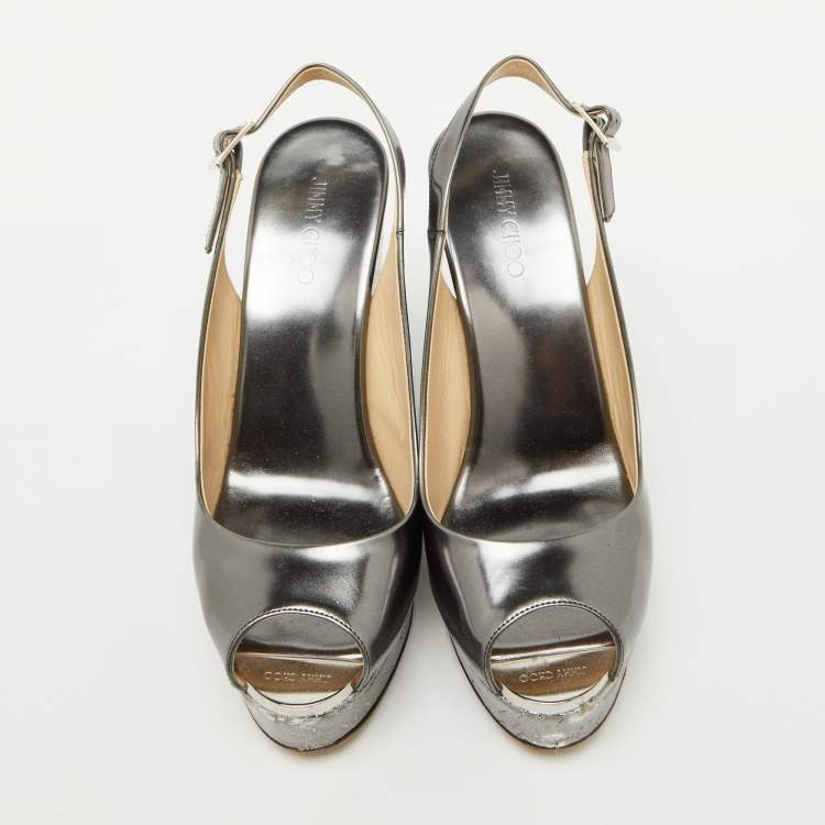 Pre Owned Jimmy Choo Metallic Grey Leather Cork Platform Wedge Slingback Sandals Size 37.5