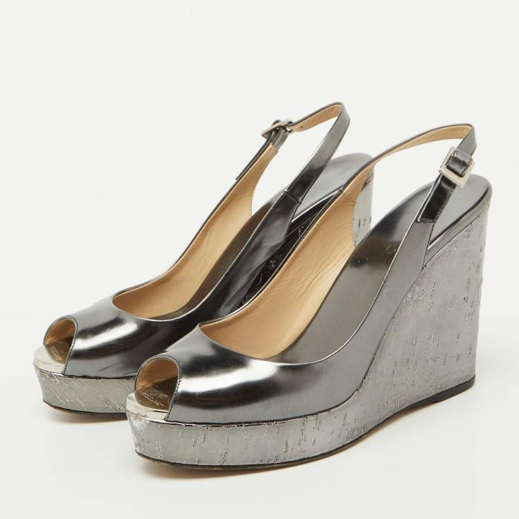 Pre Owned Jimmy Choo Metallic Grey Leather Cork Platform Wedge Slingback Sandals Size 37.5