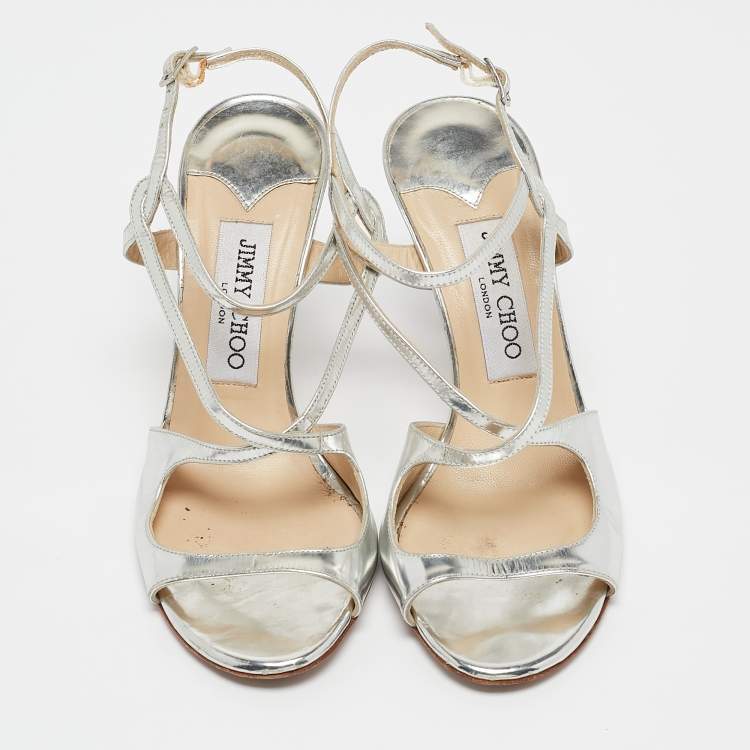 Pre Owned Jimmy Choo Silver Mirror Leather Paxton Cross Strap Sandals Size 36