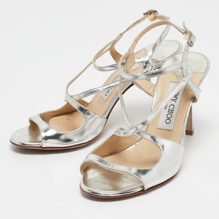 Pre Owned Jimmy Choo Silver Mirror Leather Paxton Cross Strap Sandals Size 36
