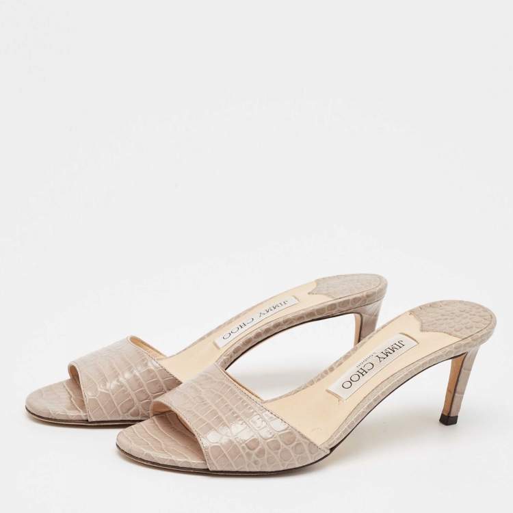 Pre Owned Jimmy Choo Grey Croc Embossed Leather Stacey Slide Sandals Size 37