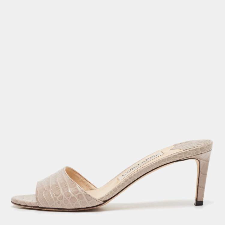Pre Owned Jimmy Choo Grey Croc Embossed Leather Stacey Slide Sandals Size 37