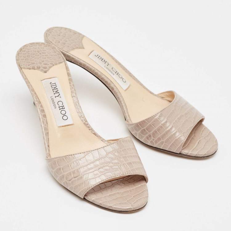 Pre Owned Jimmy Choo Grey Croc Embossed Leather Stacey Slide Sandals Size 37