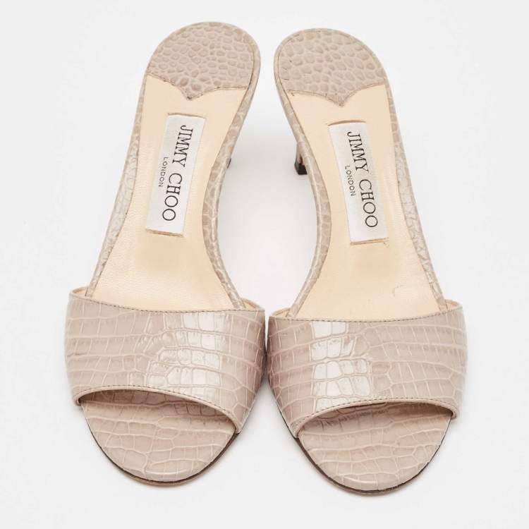 Pre Owned Jimmy Choo Grey Croc Embossed Leather Stacey Slide Sandals Size 37
