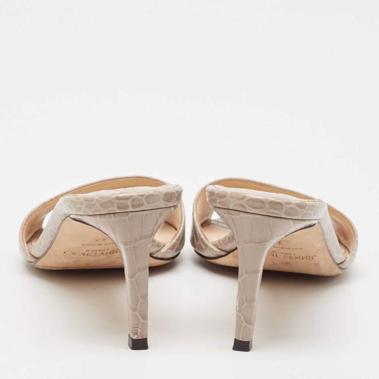 Pre Owned Jimmy Choo Grey Croc Embossed Leather Stacey Slide Sandals Size 37