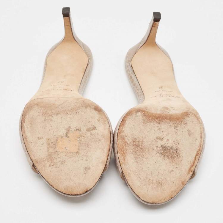 Pre Owned Jimmy Choo Grey Croc Embossed Leather Stacey Slide Sandals Size 37