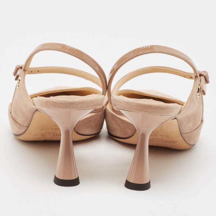 Pre Owned Jimmy Choo Beige Patent Leather and Suede Ray 100 Pumps Size 37