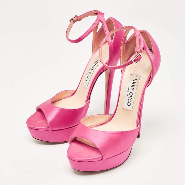 Pre Owned Jimmy Choo Pink Satin Ankle Strap Platform Sandals Size 37.5