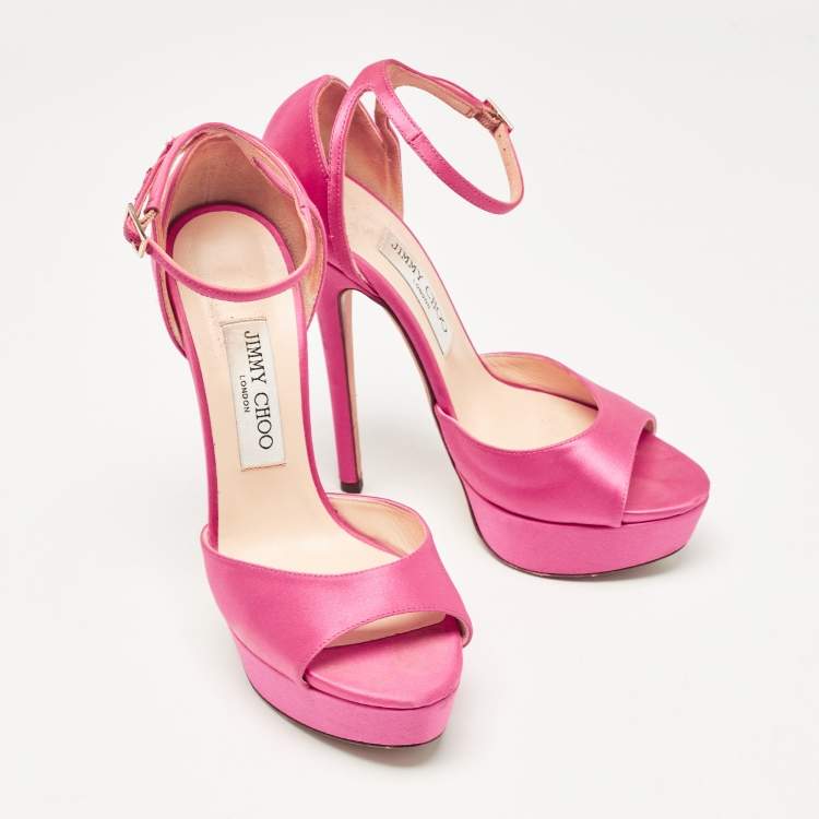 Pre Owned Jimmy Choo Pink Satin Ankle Strap Platform Sandals Size 37.5