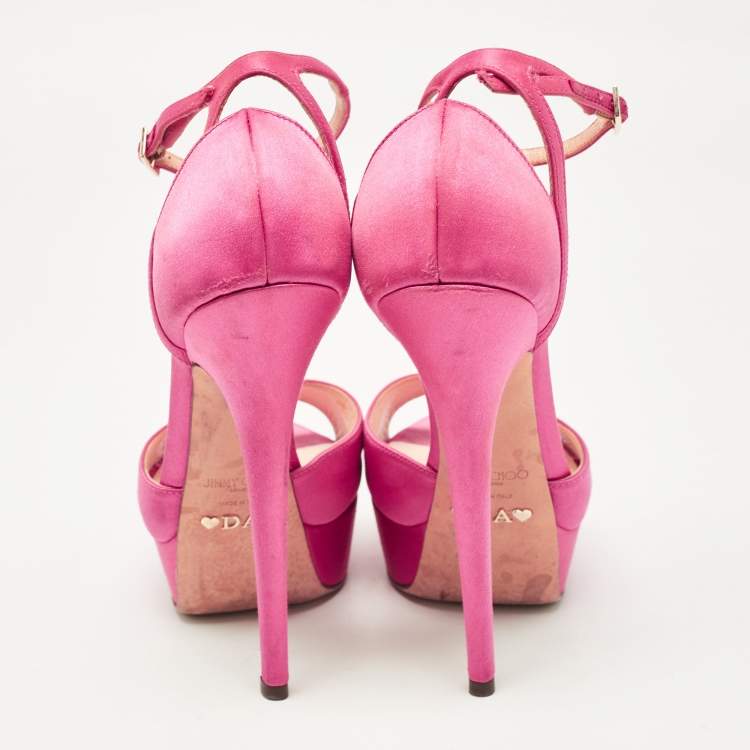 Pre Owned Jimmy Choo Pink Satin Ankle Strap Platform Sandals Size 37.5