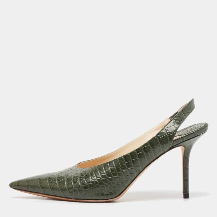 Pre Owned Jimmy Choo Green Croc Embossed Leather Thandi Slingback Pumps Size 38.5