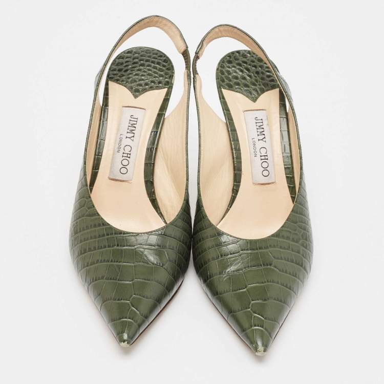 Pre Owned Jimmy Choo Green Croc Embossed Leather Thandi Slingback Pumps Size 38.5