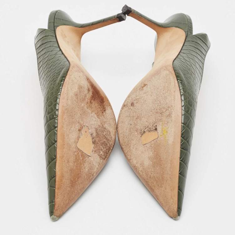 Pre Owned Jimmy Choo Green Croc Embossed Leather Thandi Slingback Pumps Size 38.5