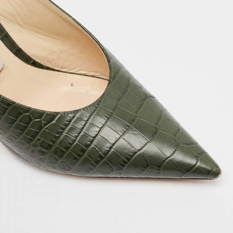 Pre Owned Jimmy Choo Green Croc Embossed Leather Thandi Slingback Pumps Size 38.5