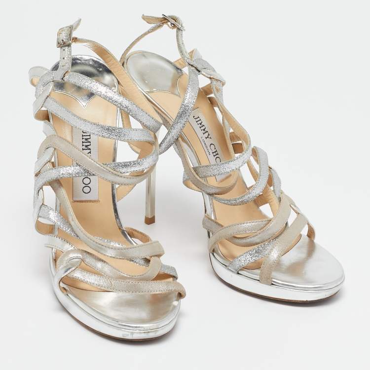 Pre Owned Jimmy Choo Silver Glitter and Leather Lance Ankle Strap Sandals Size 38